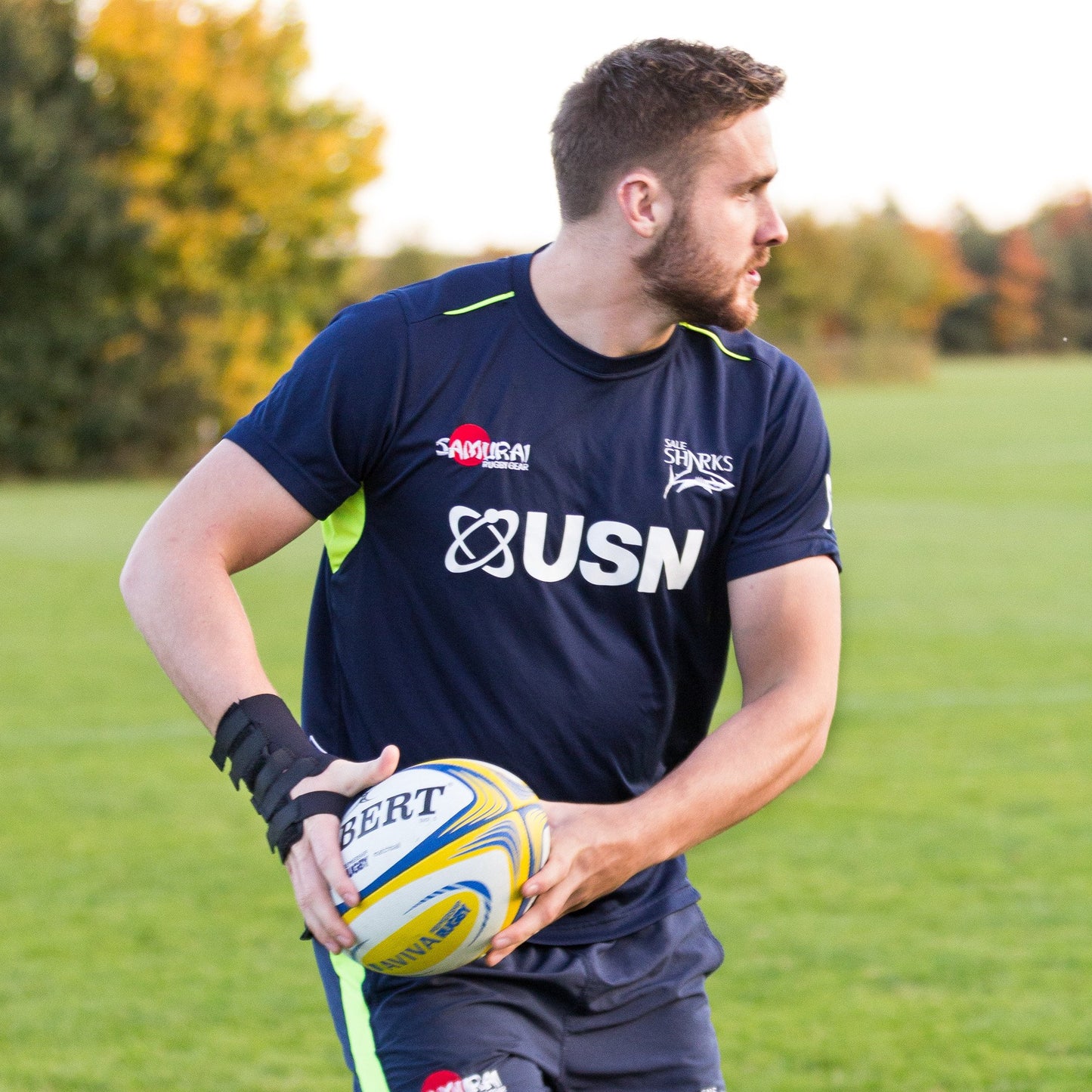 George Nott of Sale Sharks Rugby Club, wearing the 7" Neoprene Wrist Support.