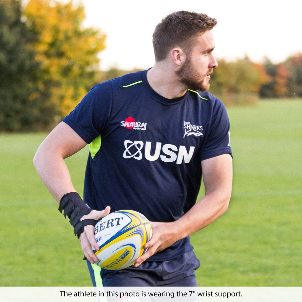 George Nott of Sale Sharks Rugby Club, wearing the 7" Neoprene Wrist Support.