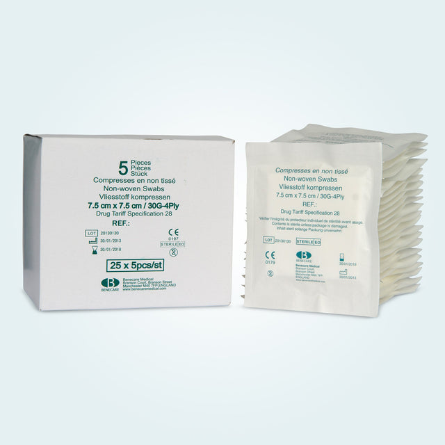 Benecare's Non Woven Sterile Swabs are packed in peel-apart pouches, 5 swabs per pouch, 25 per box.