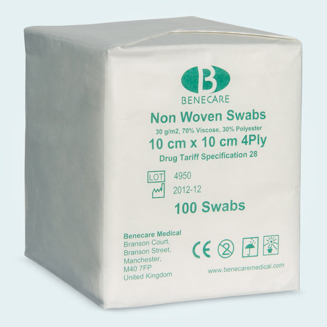 Benecare's Non Woven Swabs are 10x10cm and come in packs of 100.