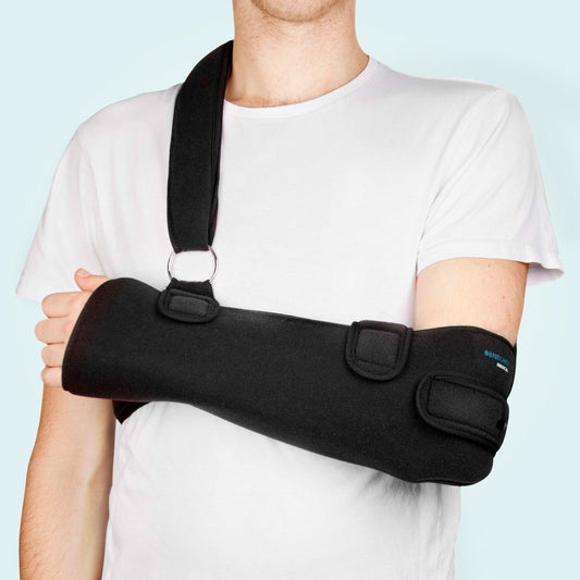 The Benecare Poly Arm Sling helps support the shoulder.