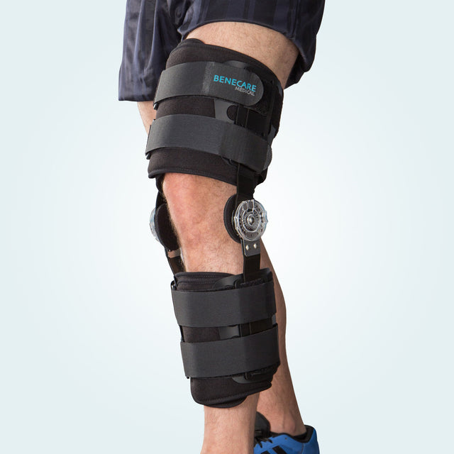 The BeneCare ROM Knee Brace controls and restricts flexion and extension of the knee joint.