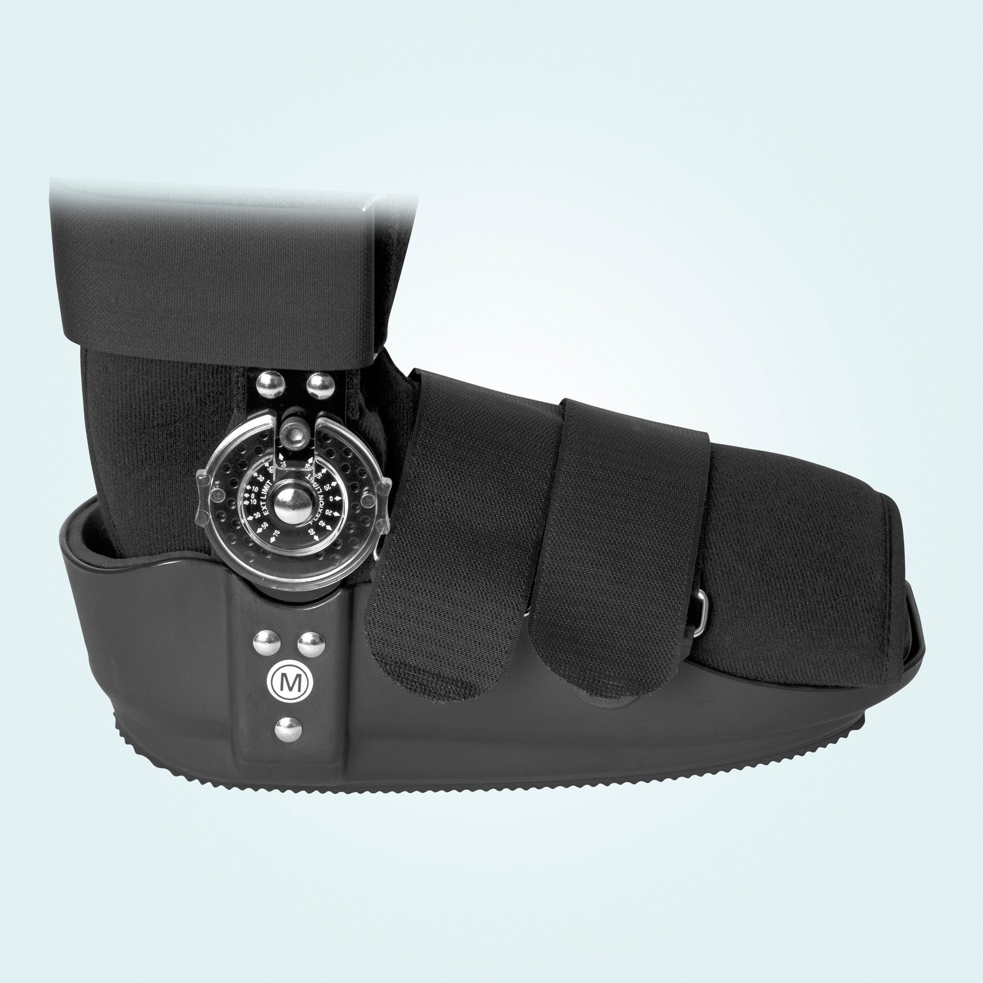 The Benecare ROM Walker Boot's adjustable hook and loop straps.